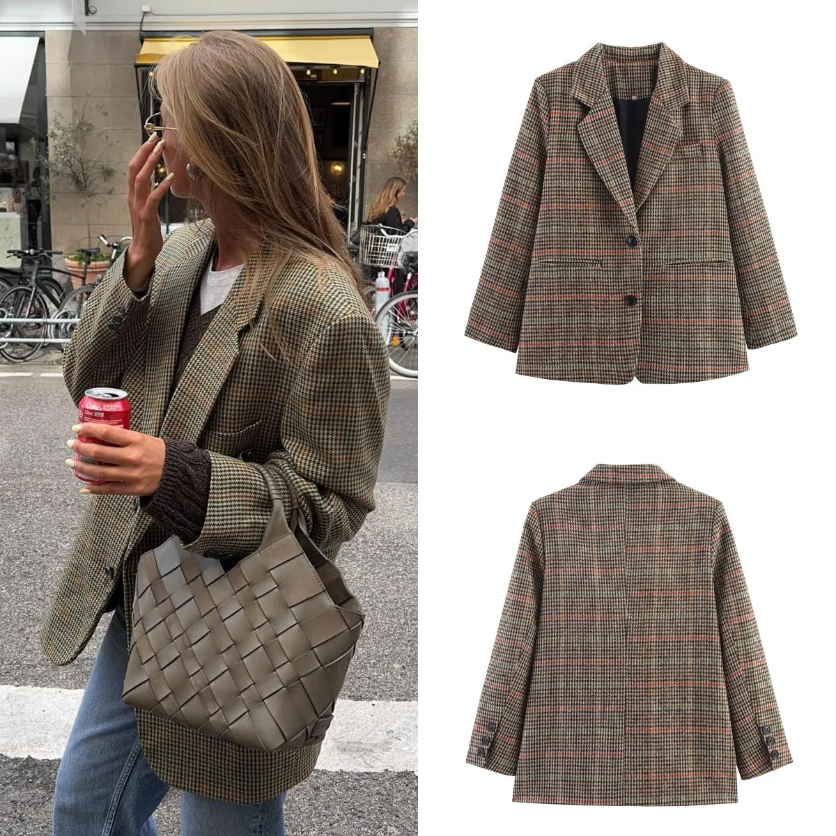 

Faionable Plaid Woolen COAT Casual Suit Jacket Women's Autumn New Fashion Long Sleeve Office Lady Suit Coat Spring Outerwear