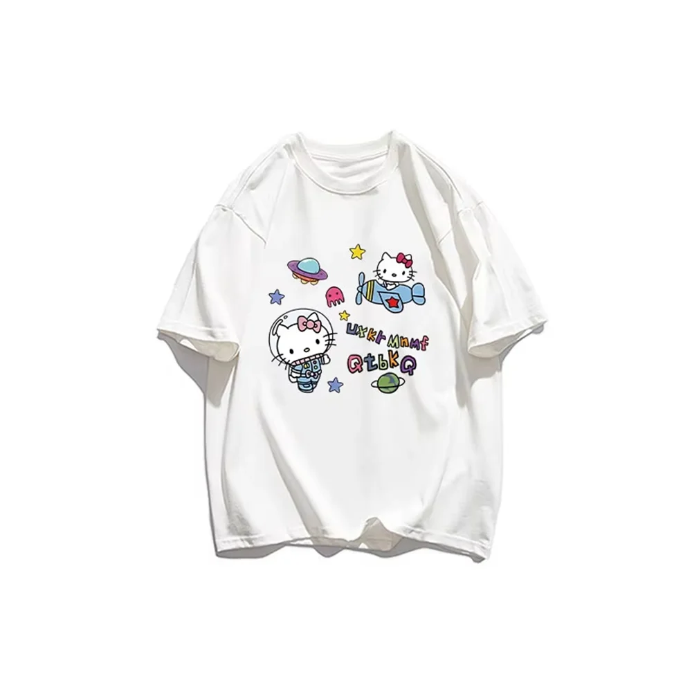 

Anime Hello Kitty Patterned Printed Casual T-shirt Outdoor Short-sleeved Clothing Original Cotton Hip-hop Round-neck Short-sleev