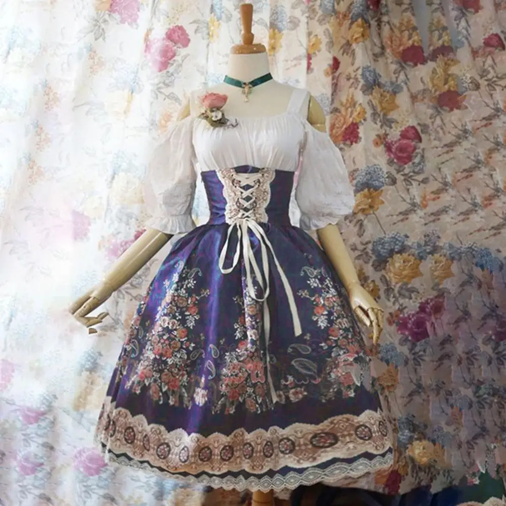 Lolita Dress Elegant Lolita Princess Style Performance Dress with Lace Floral Printing Off Shoulder Design for Halloween Cosplay