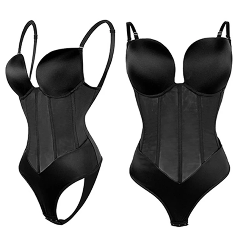 Bodysuit Shapewear Women Slimming Body Shaper Underwear Sexy Mesh Backless U Plunge Thong Tummy Control Push Up Corset for Dress