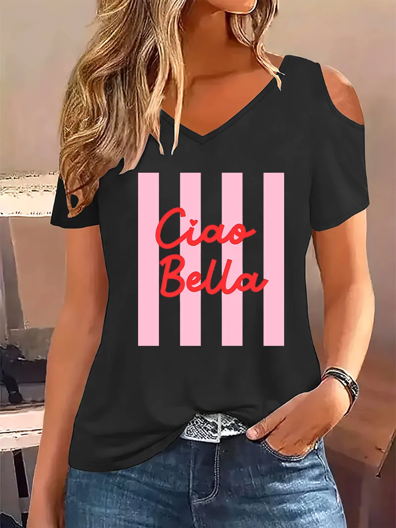 Y2k Ciao Bella Print T-shirt Short Sleeve Women's Graphic V Neck T Shirt Casual Top Tee 90s Shirt Summer Spring Tops