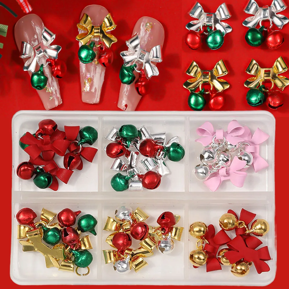 

6Grids/Box 3D Christmas Golden&Silvery Bow Bell Nail Charms Red+Green Tassel Bell Nail Art Decor 10mm Xma Manicure Penant Bell