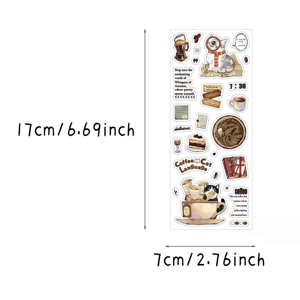 6PCS Creative Coffee Cat Language Cute Transparent PET Material Stickers Decorative Phone Cases Notebook Water Cup Stickers