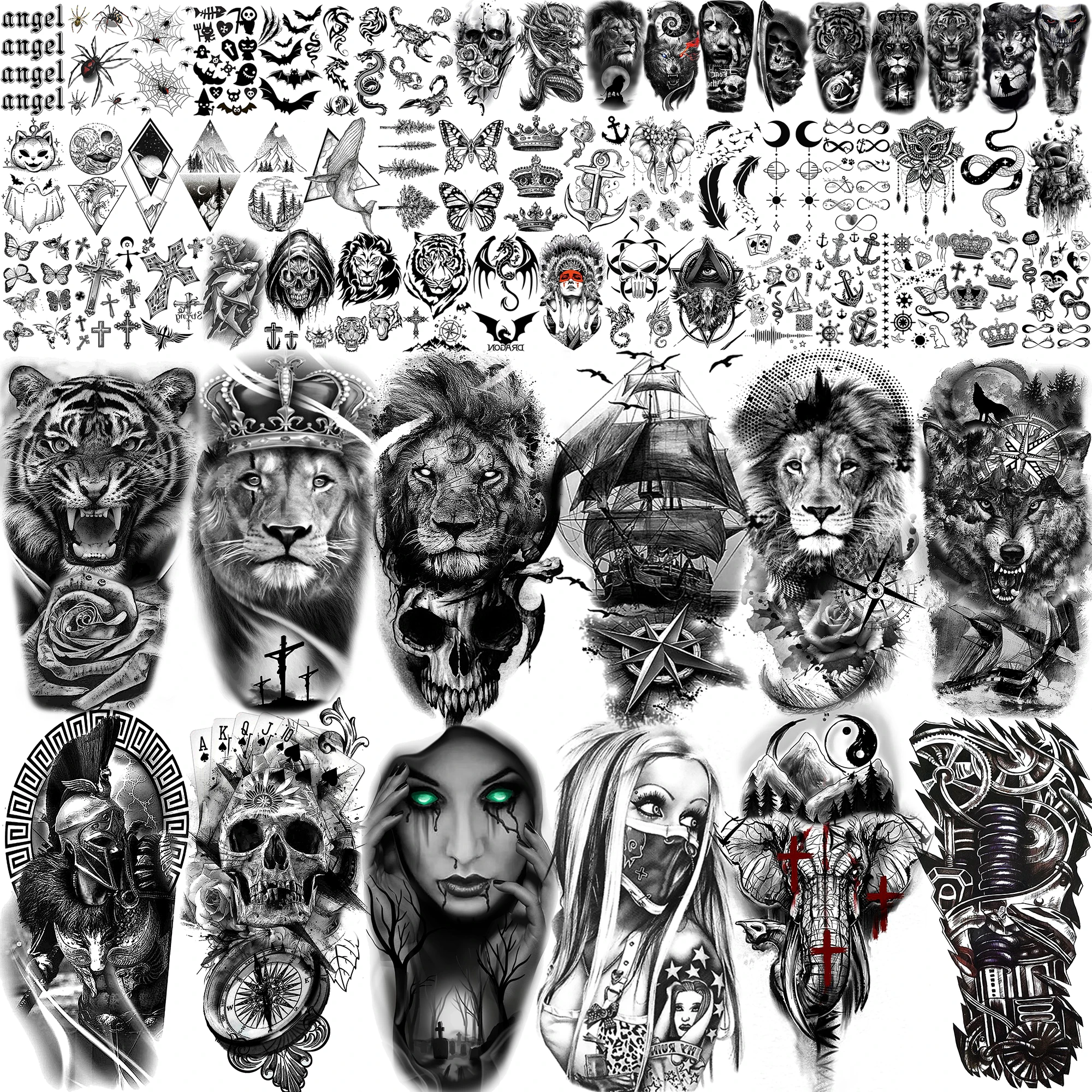 

63 листа, лев, воин, тигр, поддельный волк, череп, гангстерские временные татуировки для мужчин, взрослых, женщин, черные водонепроницаемые татуировки, наклейки «сделай сам»