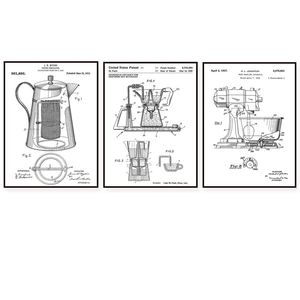 Italian Coffee Machine 1985, Coffee Percolator 1910, Kitchen Mixer 1937, Patent Print, Kitchen Wall Art Blueprint Poster Gift