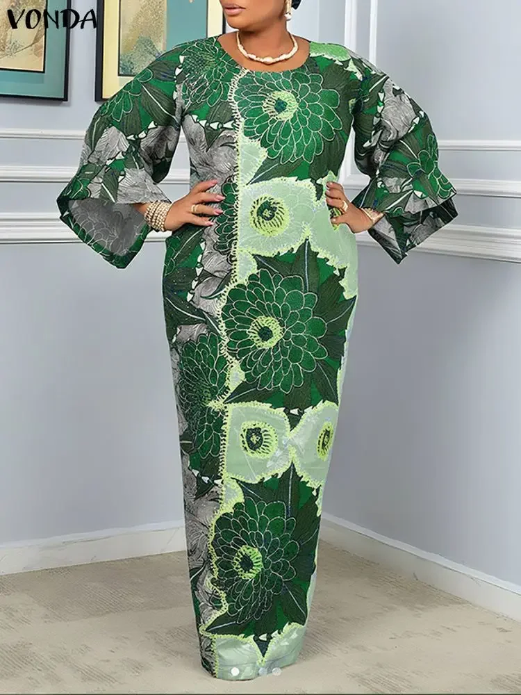 VONDA Women Bohemian Maxi Dresses Fashion Vintage Floral Print Long Vestidos 2025 Autumn Casual Holiday Party Robe Plus Size 5XL