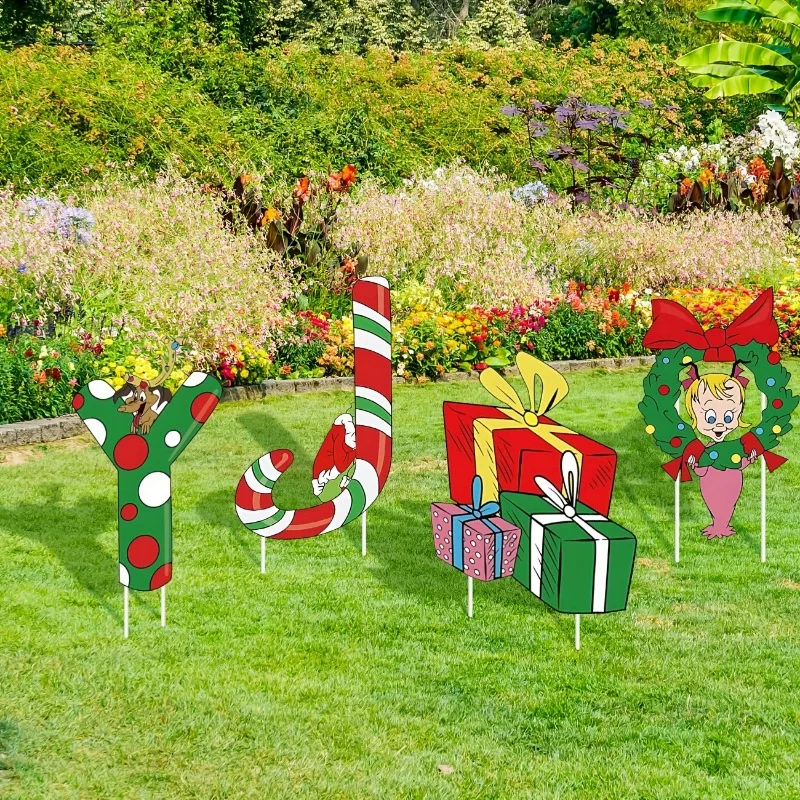 

Новый набор из 4 милых зеленых гномов для украшения двора на Рождество 2026 года с колышками, декор для сада, товары для садоводства