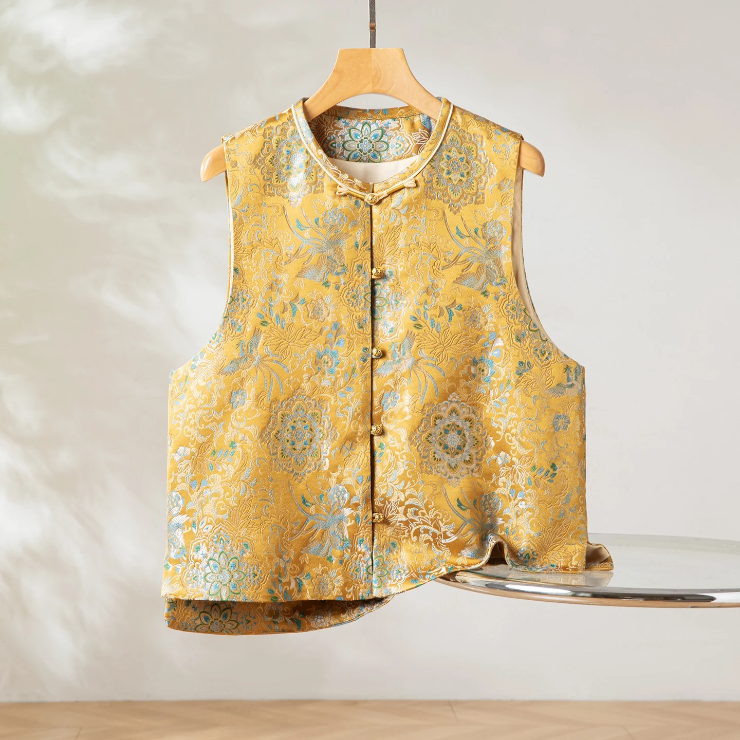 

Phoenix Treasure Lotus~ True Silk Silk Song Jin Button-Up round Ne Women's Vest Traditional Chinese Sle Outerwear