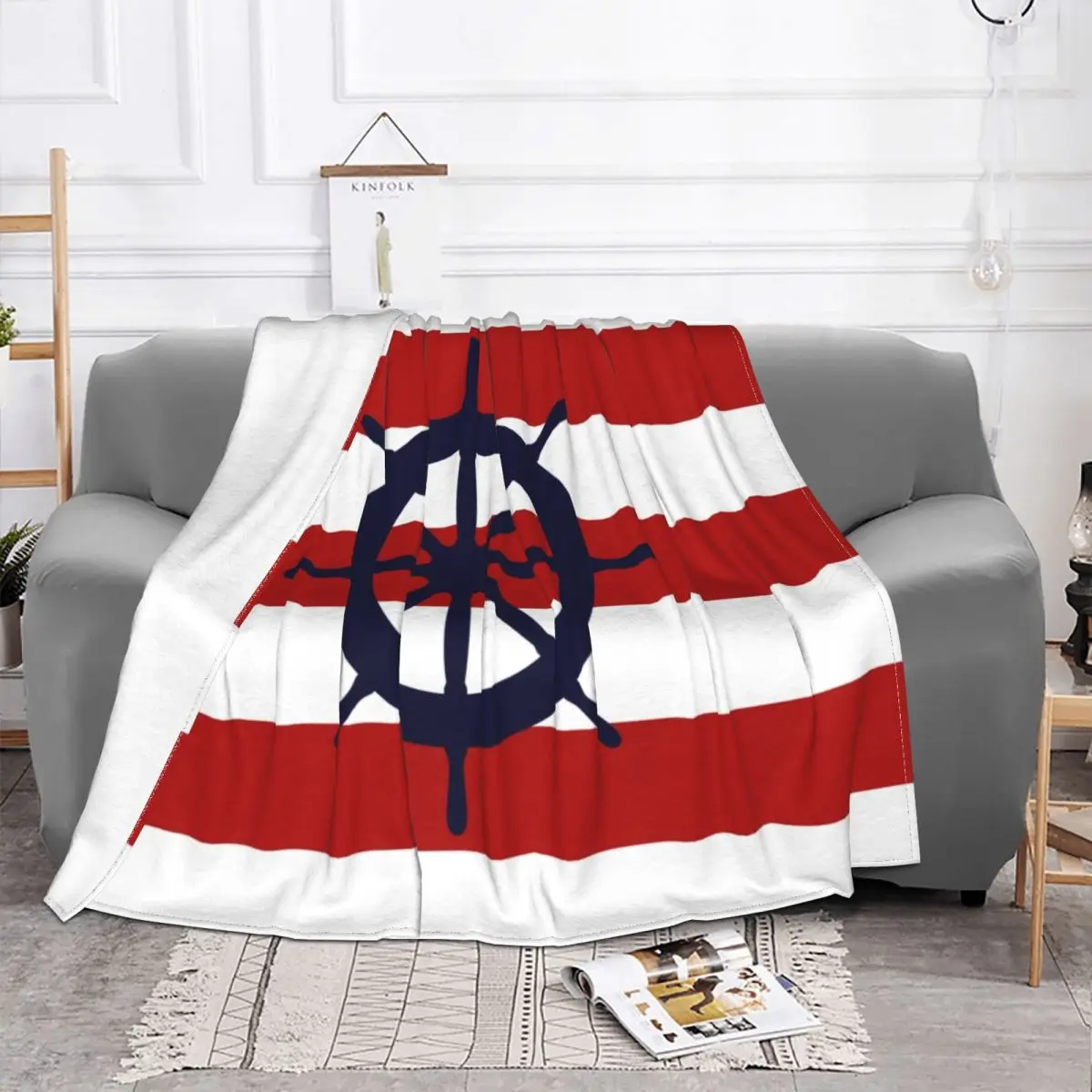 Nautical Navy Blue Blankets Soft Flannel Winter Ship's Steering Wheel On Red Stripes Throw Blanket for Couch Outdoor Bedroom