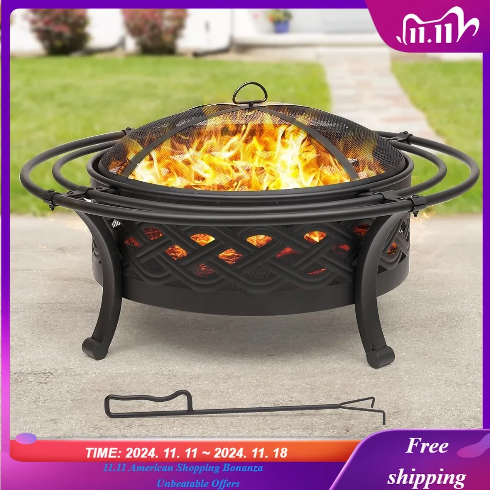 

36 Inch Fire Pit with 2 Loops,Crossweave Wood Burning Fire Pits for Outside,with Spark Screen,Fire Poker,Round Outdoor