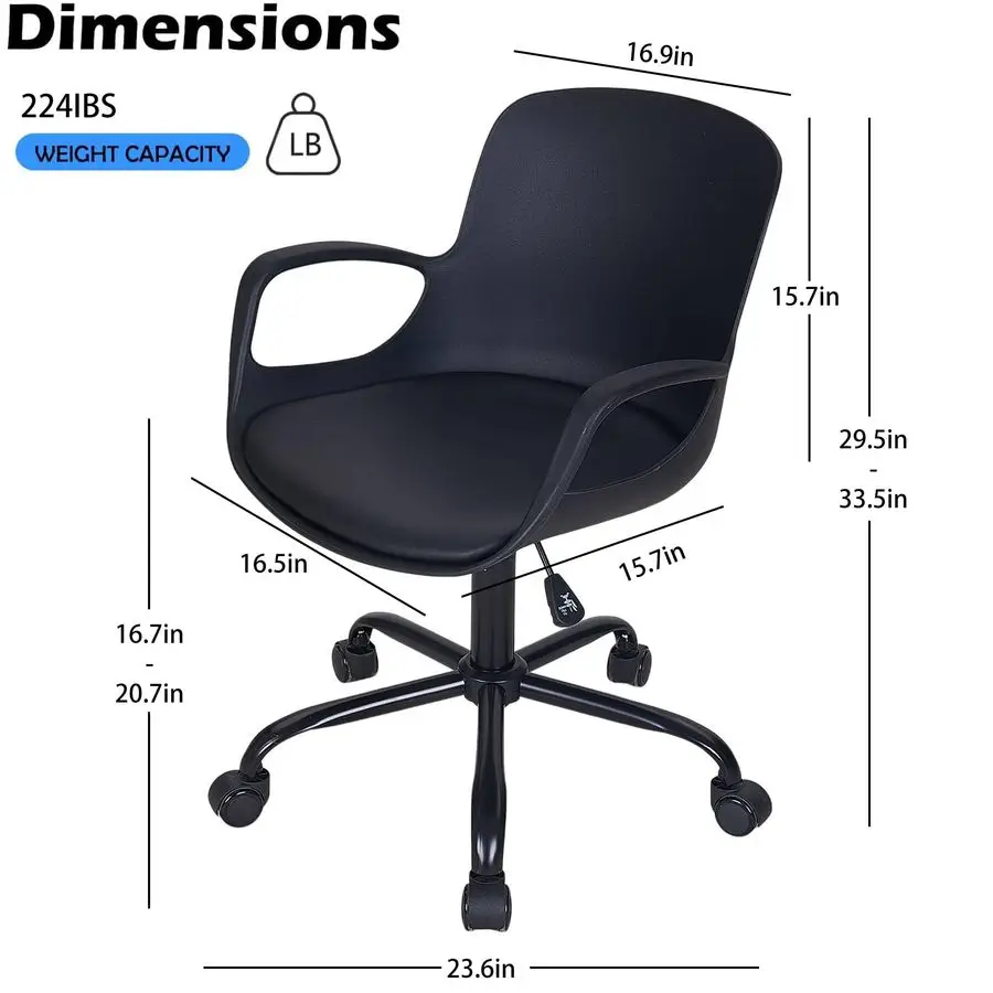MidBack Chair for Desk with Armrests, Height Adjustable, 360Swivel Wheels for Home Office Computer Study Work, Black
