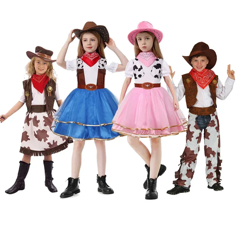 

Kids CowBoy Cowgirl Cosplay Halloween Costume Western Cowboy Dress and Set Outfit with Hats for Party Carnivial