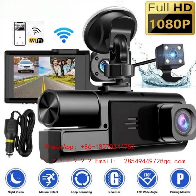 Suction Cup 18p Driving Recorder Three Lenses High Definition Night Vision Wide Angle Reversing Image TF Card 140 °