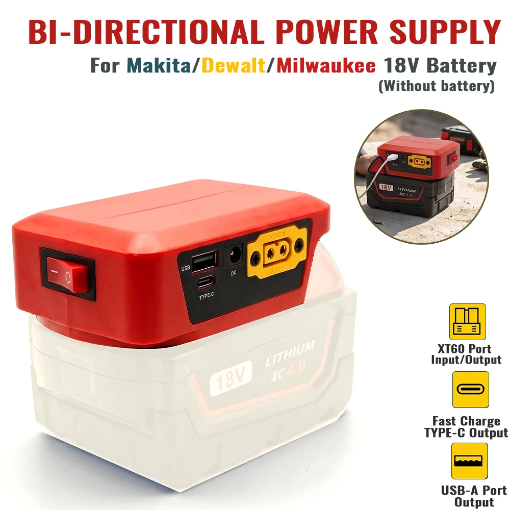 Power Bank For Makita/Dewalt/Milwaukee 18V Batteries, Dual C