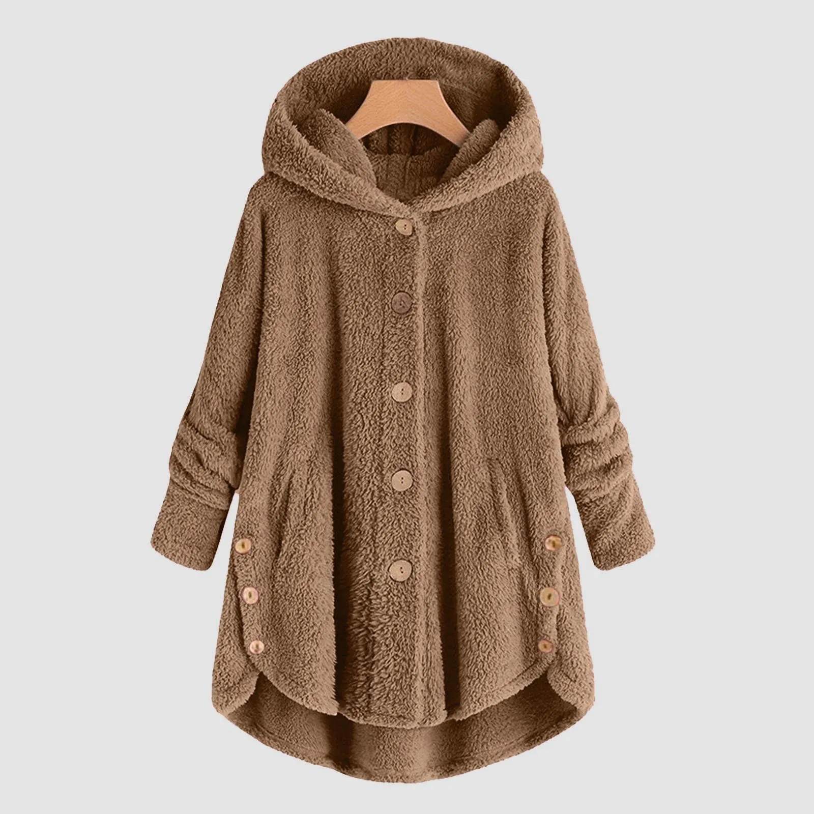 Women Casual Autumn Winter Loose Fit Jackets Solid Color Hooded Button Down Curved Hem Jackets Double Face Wool Fleece Soft Coat