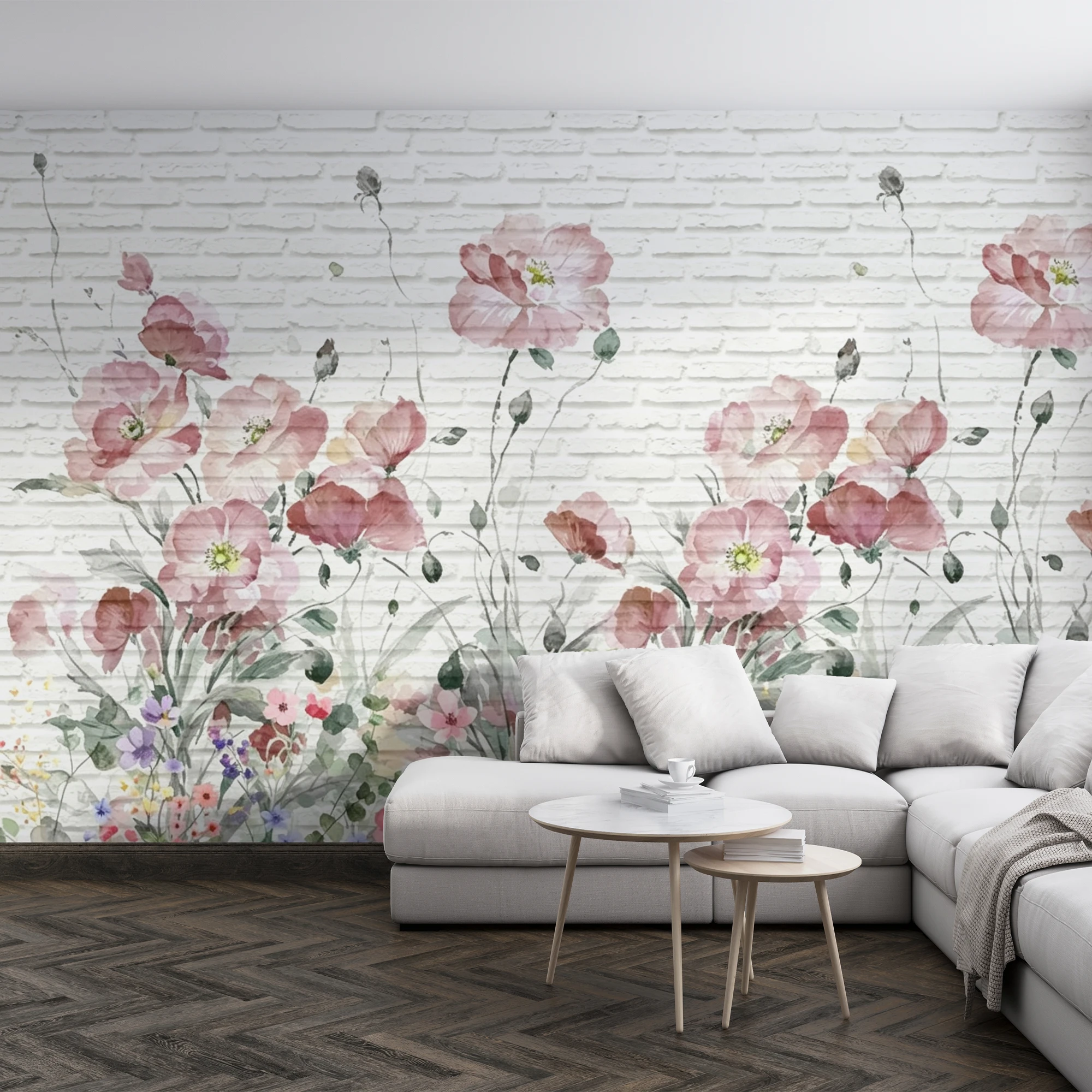 Custom Mural Wallpaper Watercolor Wildflower Peel And Stick Wall Mural Pink Poppy White Brick Background For Bedroom  Home Decor