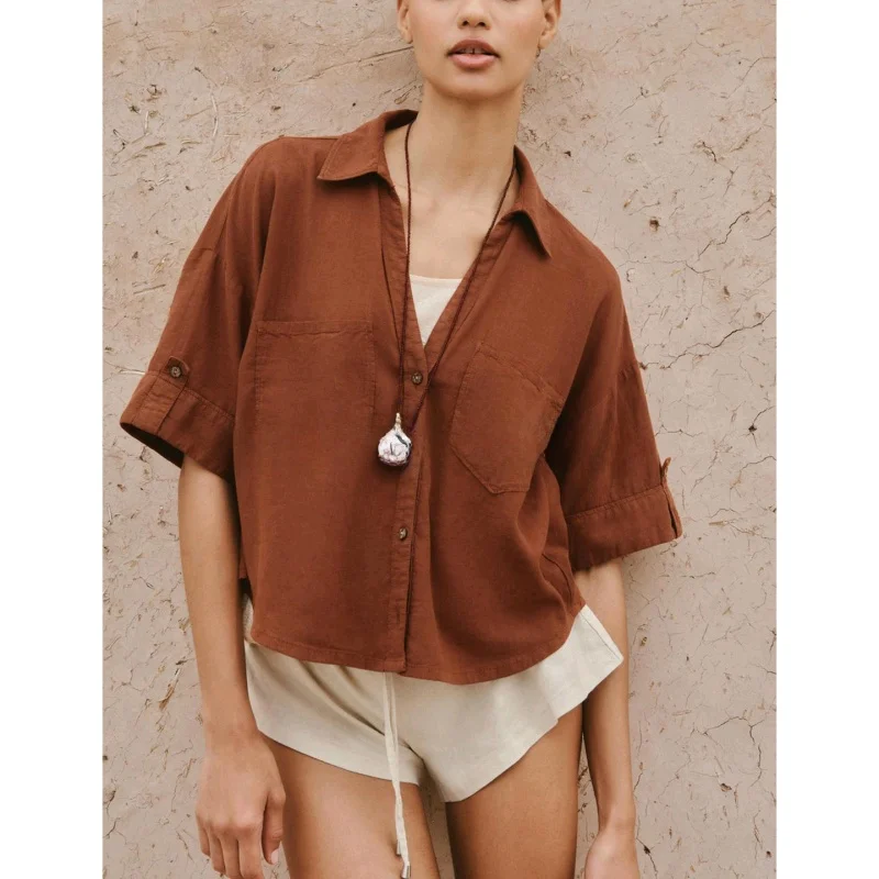 

Новинка весны для женщин irt Simple Patch ket Linen Blend V-ne ort Sve ort Sle Top Commute Sle Loose Fit UV Prote...