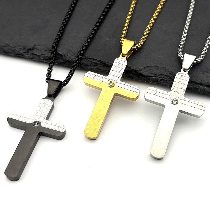 

Texture Cross Pendant Necklace for Men Women Stainless Steel Gold Silver Color Christian Rhinestone Chain Amulet Jewelry Gift