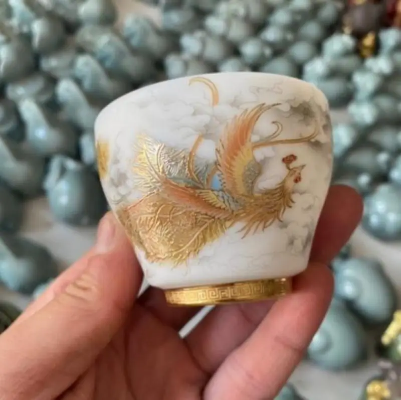 

Chinese Jingdezhen Sheep Fat Jade Porcelain Gild 90ML Animal Phoenix Grain Cup