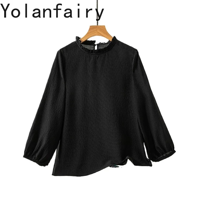 

YOLANFAIRY 100% Real Mulberry Silk Blouses Woman Elegant Summer Fashion O-neck Womens Top Nine Quarter Sleeve Black Shirt 2026
