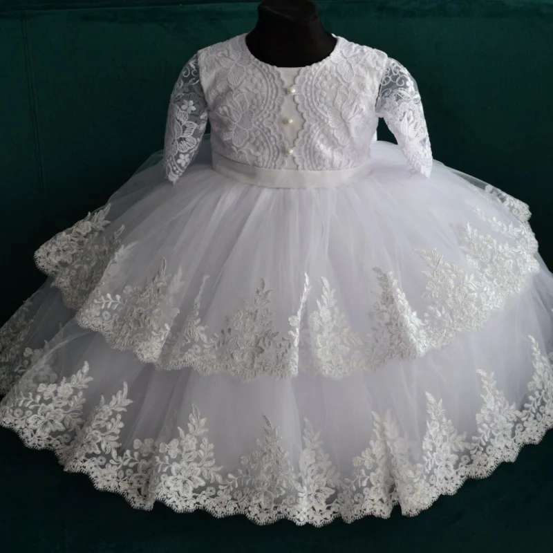 White Baby Baptism Dress Flower Girl Dresses O‑Neck Lace Sleeve Big Satin Bow Multi‑Layer Tulle Lace Appliqué Cake Gown