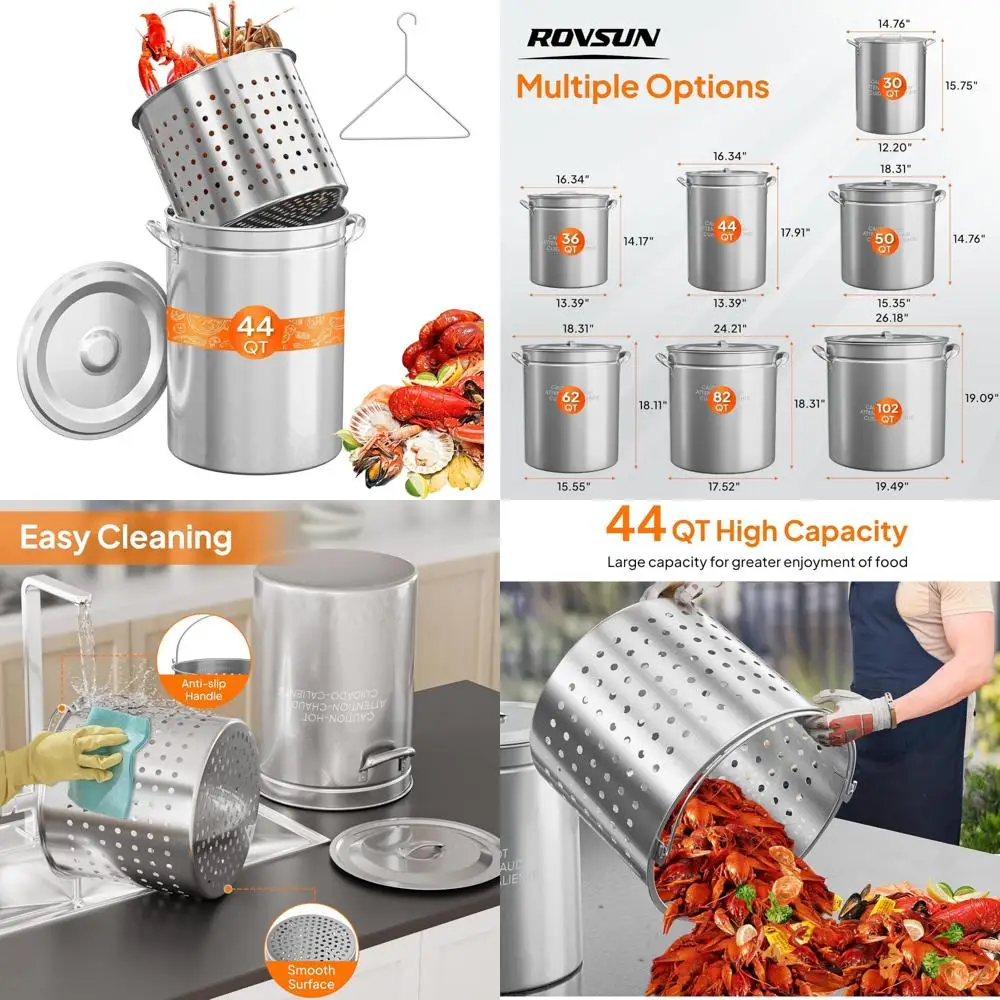 

Stainless Steel 44 Quart Seafood Boil Pot with Strainer Basket, Lid, and Hook for Crab, Lobster, Shrimp Boil, Versatile Stock Po