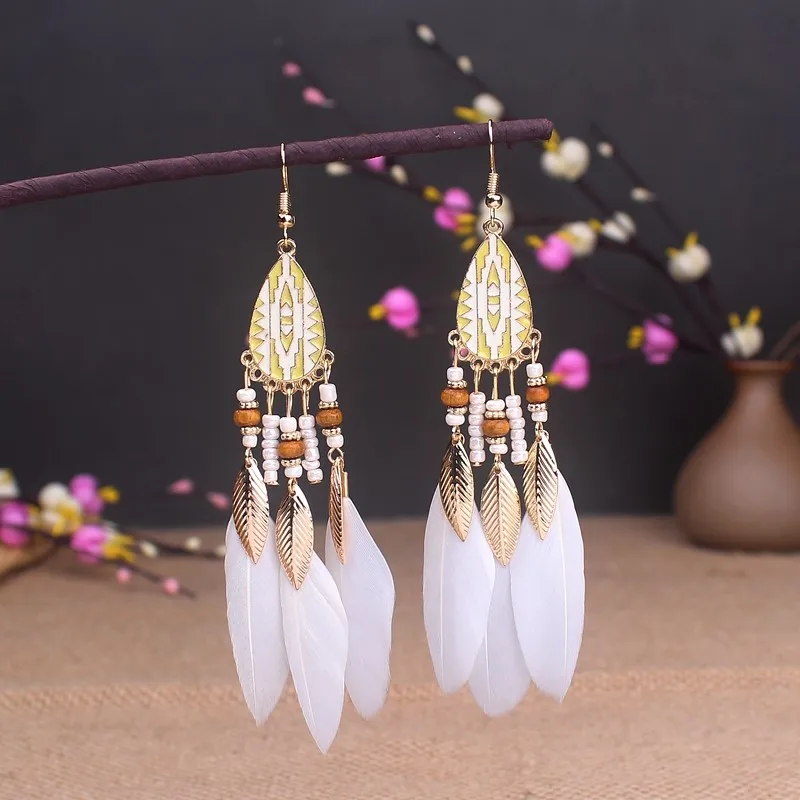 Boho Lange Feder Baumeln frauen Ohrringe Strand Lange Quaste Perlen Handgemachte Blume Emaille Ohrringe Braut Hochzeit Pendientes Mujer