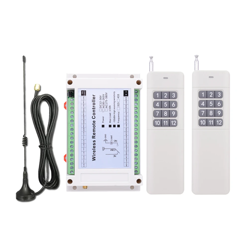 433MHz DC12V 24V 36V 48V RF Wireless Remote Control Switch 10A Relay 12CH Industrial Receiver for Electric door Gate Lift Hoist