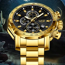 LIGE Men’s Watches Top Brand Big Sport Watch Luxury Men Military Steel Quartz Wrist Watches Chronograph Gold Design Male Clock