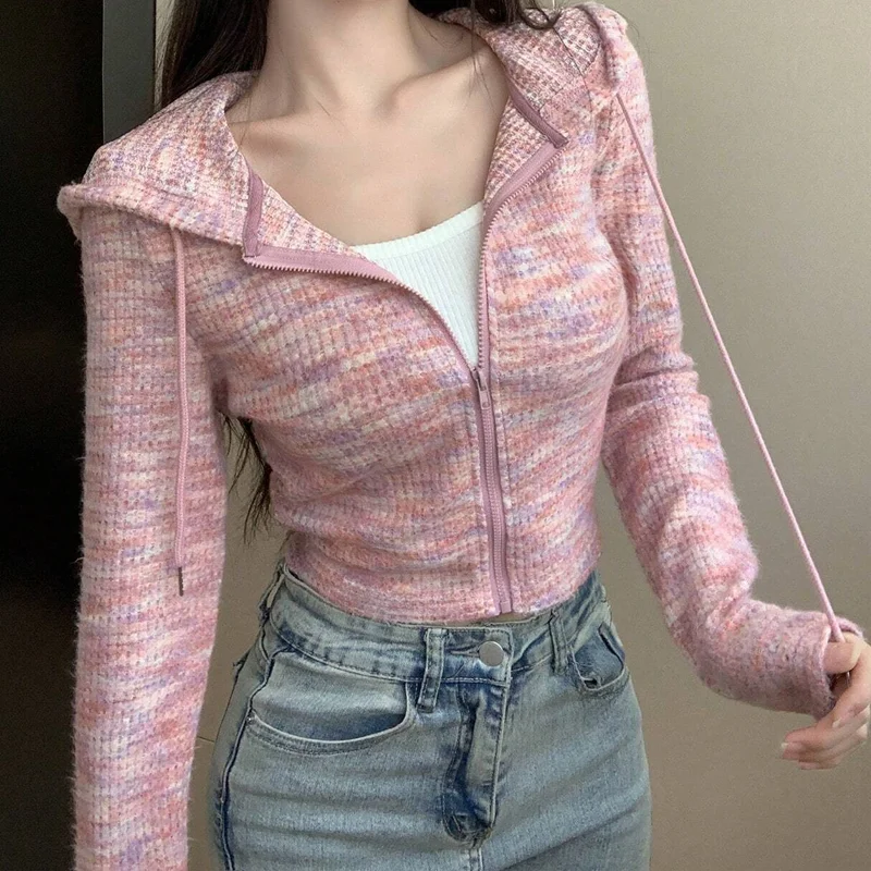 Korean Top  Women's Hooded Jacket for Women Long Sleeve Zipper Coat Casual Loose Outerwear Y2K Trendy Athletic  Pullover Jacket