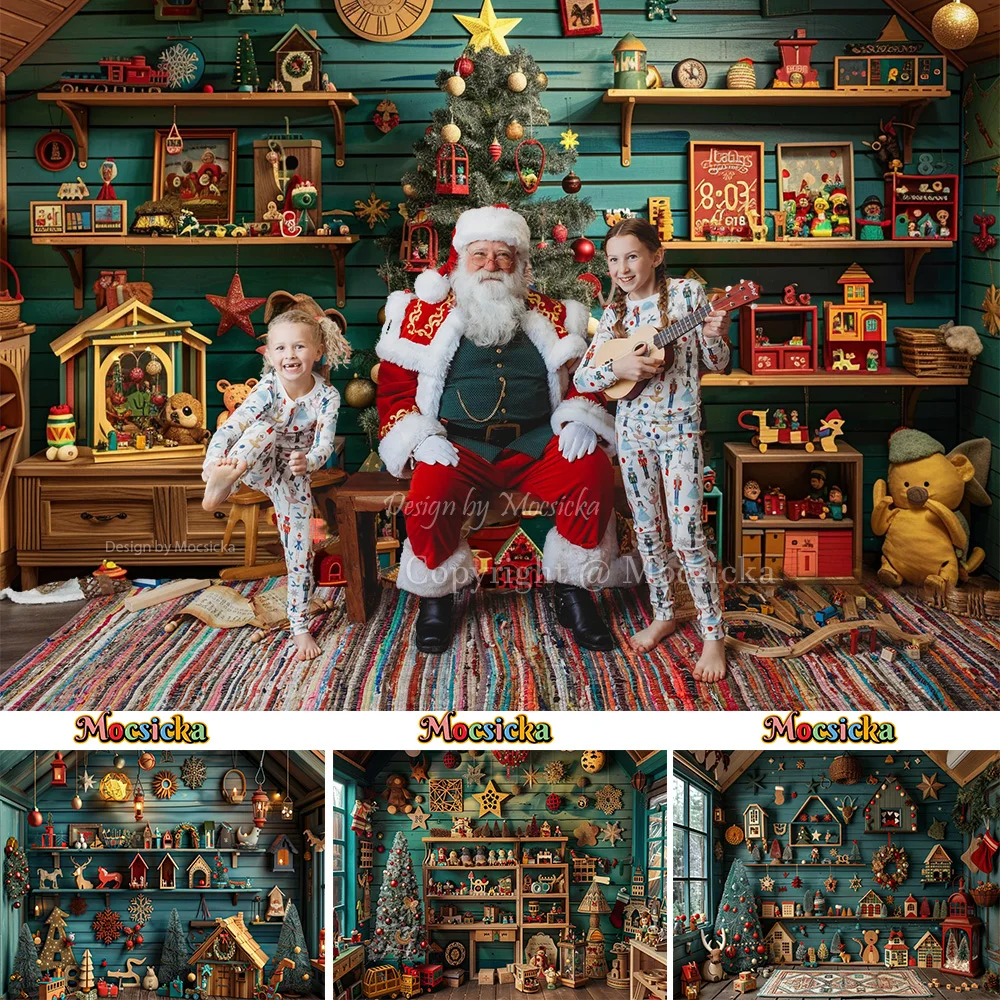 Santa Claus Workshop Photography Background Kid Christmas Toy House Xmas Tree Wooden Backdrop Winter New Year Studio Booth Decor