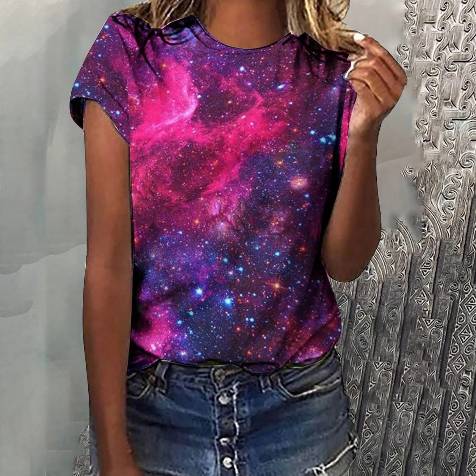 Women Galaxy Print T-Shirt Short Sleeve Graphic T Shirts Casual Round Neck Tees Tops Camisetas De Mujer