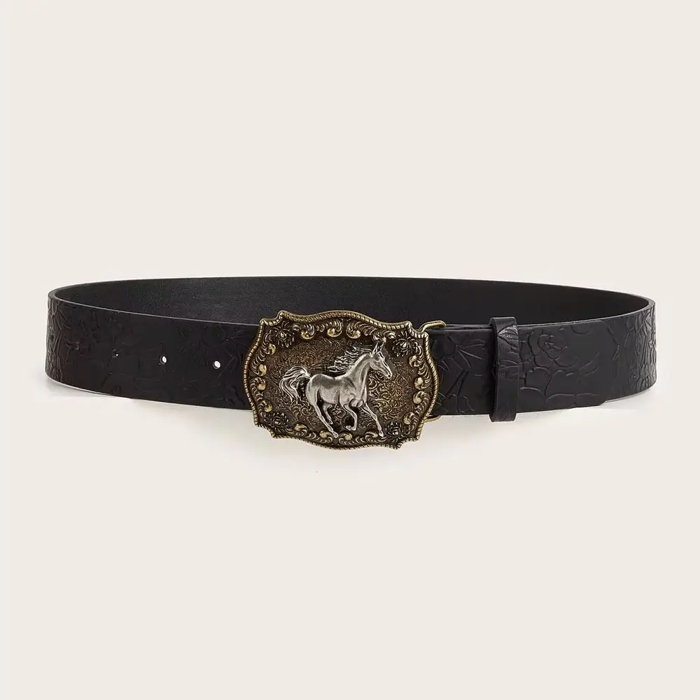 

Women Man Y2K Punk Rock Belt Hip Hop Harajuku Leather Embossed Belt Horse Head Buckle Belt