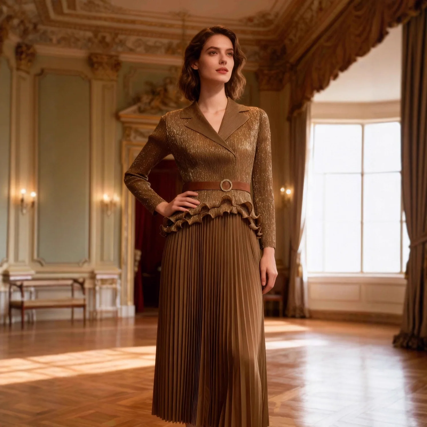 

Miyakaya Style Pleated Dress for Women 2025 New Gold-plated Color-blocking Fake Two-piece Fashion Large-size Pleated Skirt