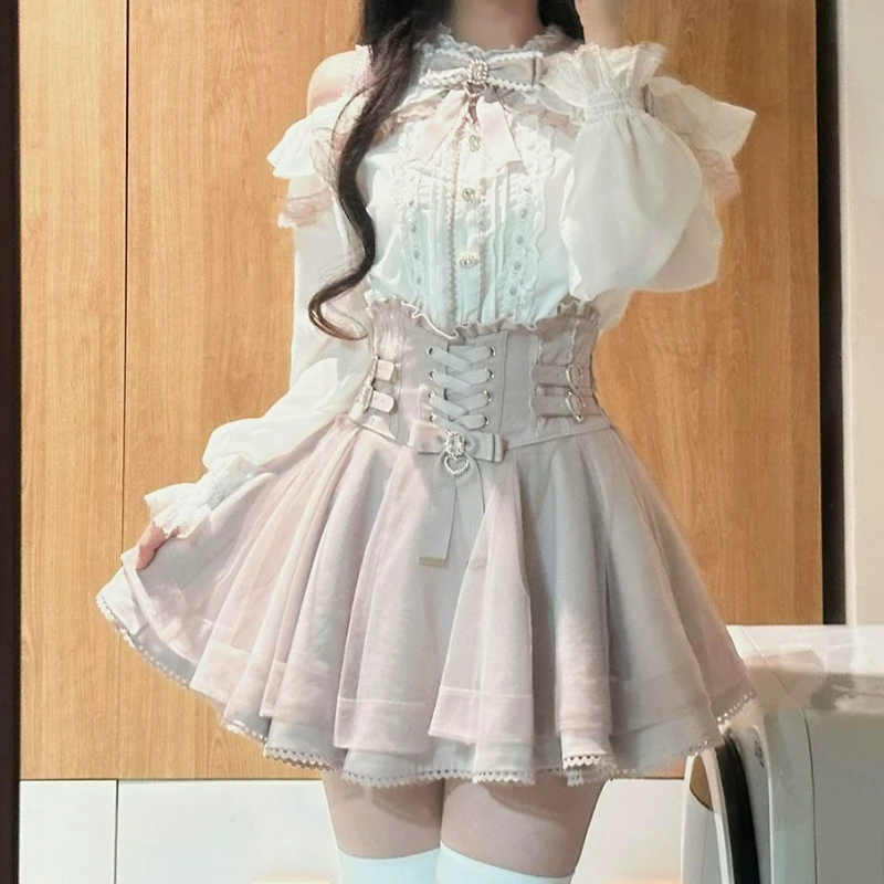 2026 Japanese Kawaii Short Skirt Sets Sweet Ruffles Off Shoulder Bow Shirt Gown Faldas Y2k Aesthetic Mini Skirts Lolita Full Set