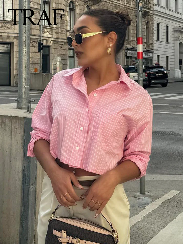 TRAF 2024 Woman Casual Loose Blouses Trendy Pink +Blue Striped Turn Down Collar Long Sleeve Shirts Cropped Tops Office Lady