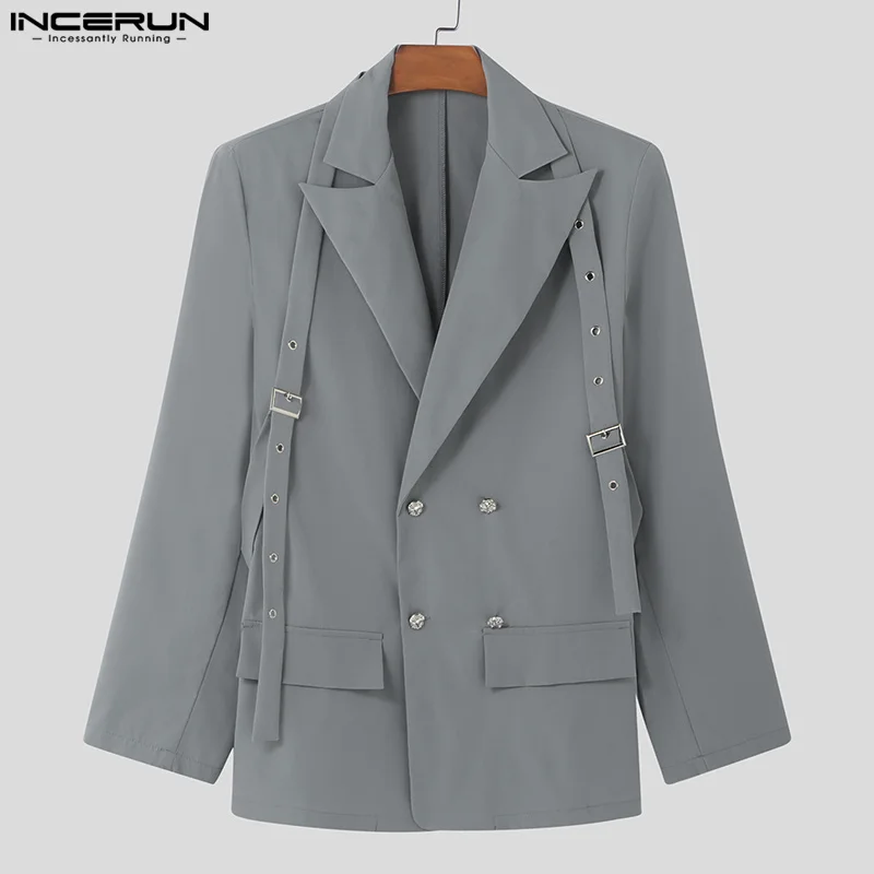 INCERUN Korean Fashion Men Blazer Casual Long Sleeve Solid Tops Pocket Button Steetwear Male Outfits Well Fitting Vintage Coats