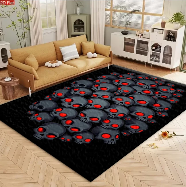 Dark Background Cartoon Skull Red Glowing Eyes carpet flooring, Gothic Halloween Spooky Art Print Area Rug for Living Room Bedroom Home Interior