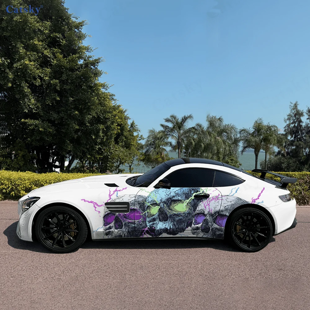 CATSKY.2pcs.Cool Neon-Colored Three Skeletons with Lightning Decorative Fitting Scratch-Resistant Car Wrap Sticker