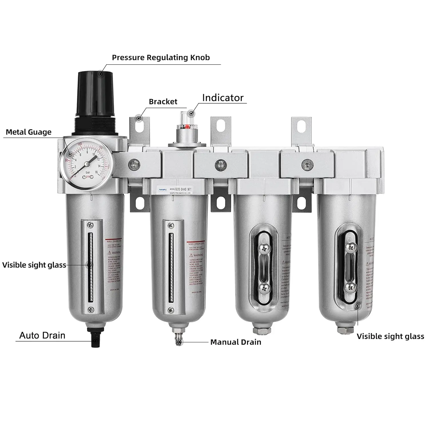 Industrial Grade 4 Stage Air Drying System - Particulate Filter, Coalescing Filter, Double Desiccant Dryers & Air Regulator