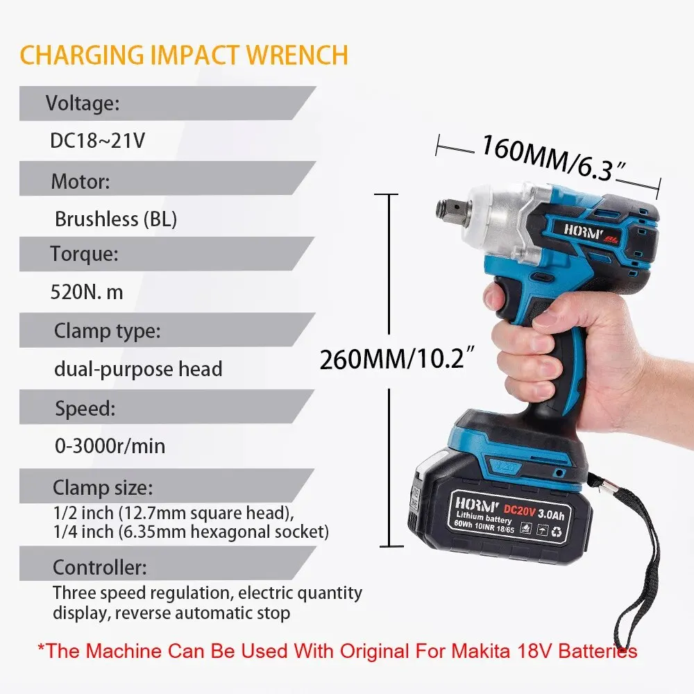 Hormy 1/2 Inch Brushless Electric Impact Wrench 520NM Cordless Electric Wrench For Makita 18V Battery Screwdriver Power Tools