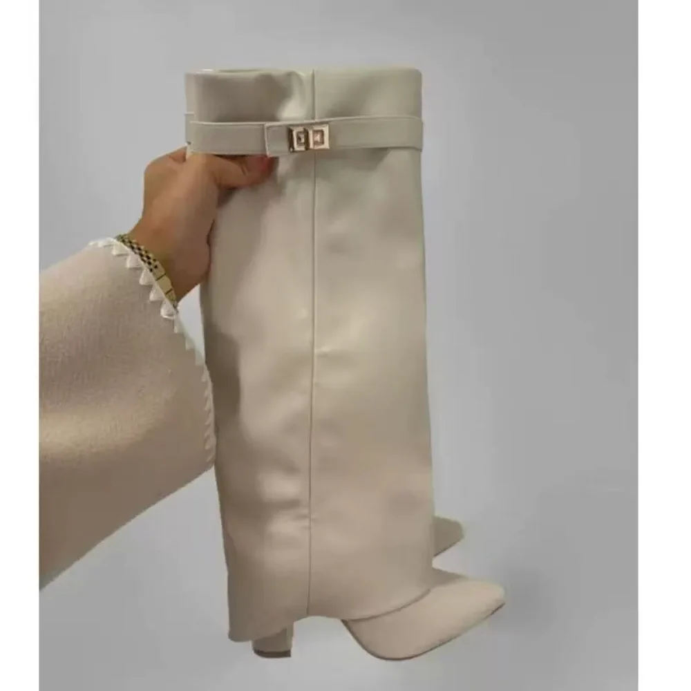 Beige Kunstwildleder Overknee-Stiefel mit Metallschnalle, Ritterstiefel, Spicy Girl Motorradstiefel, Winterschuhe für Damen, Größe 35-43