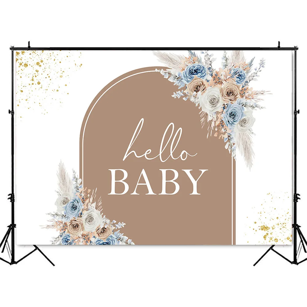 Telón de fondo de Hello Boho para bebé, flores azules, oro, purpurina, puntos brillantes, Fondo de foto, sesión fotográfica, decoraciones de fiesta de tema de Baby Shower