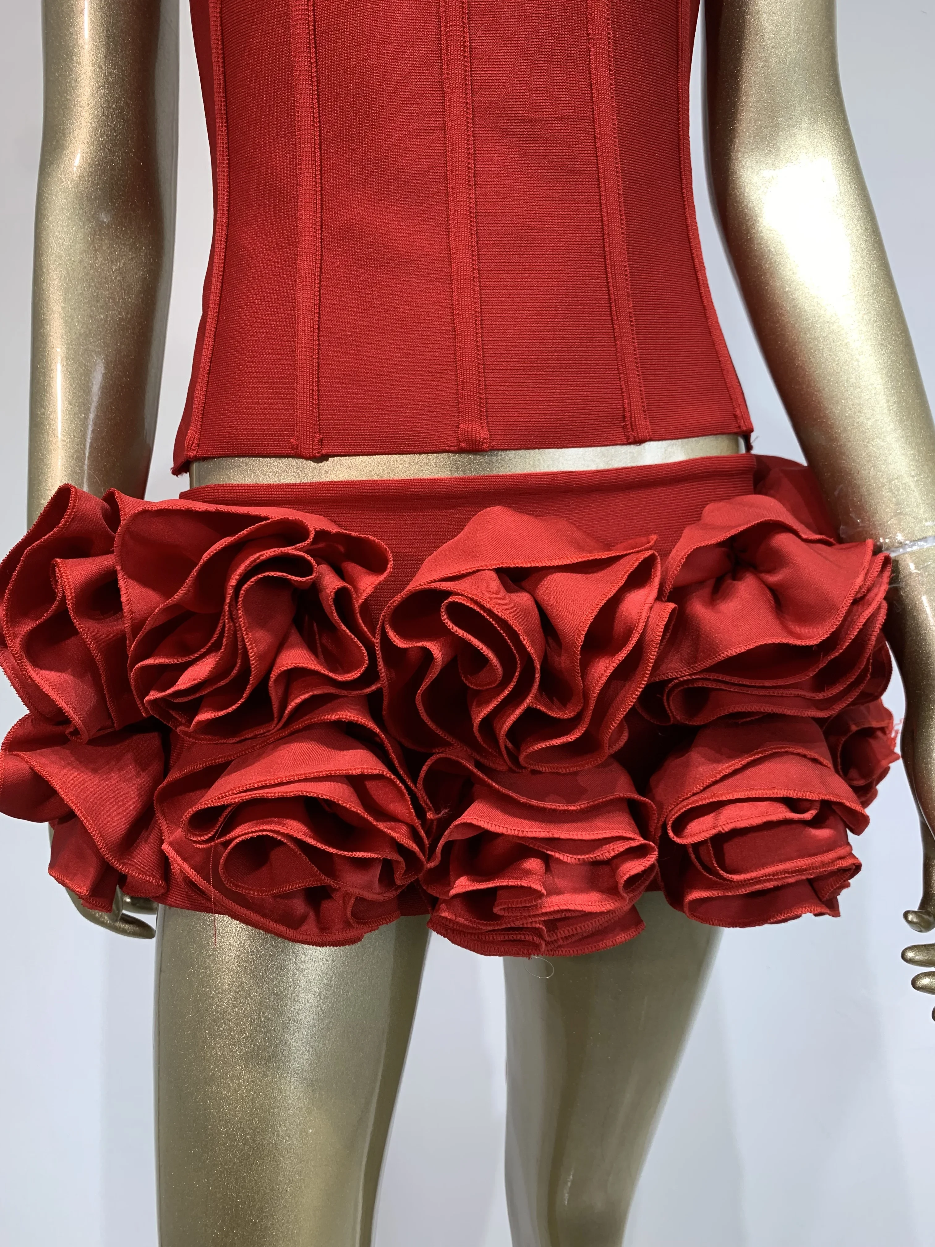 Red Club Outfits for Women Elastic Bandage Strapless Crop Tops and Flowers Mini Short Skirt Two Piece Sets Evening Dress