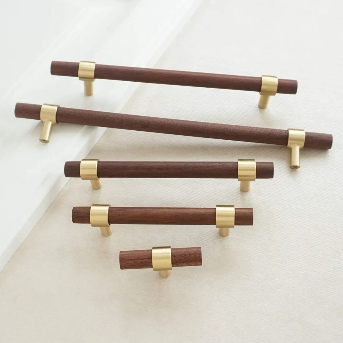 Black Walnut + Brass Handles for Cabinets and Drawers Natural Wooden Bedroom Wardrobe Pulls T Bar Knob Modern Furniture Hardware