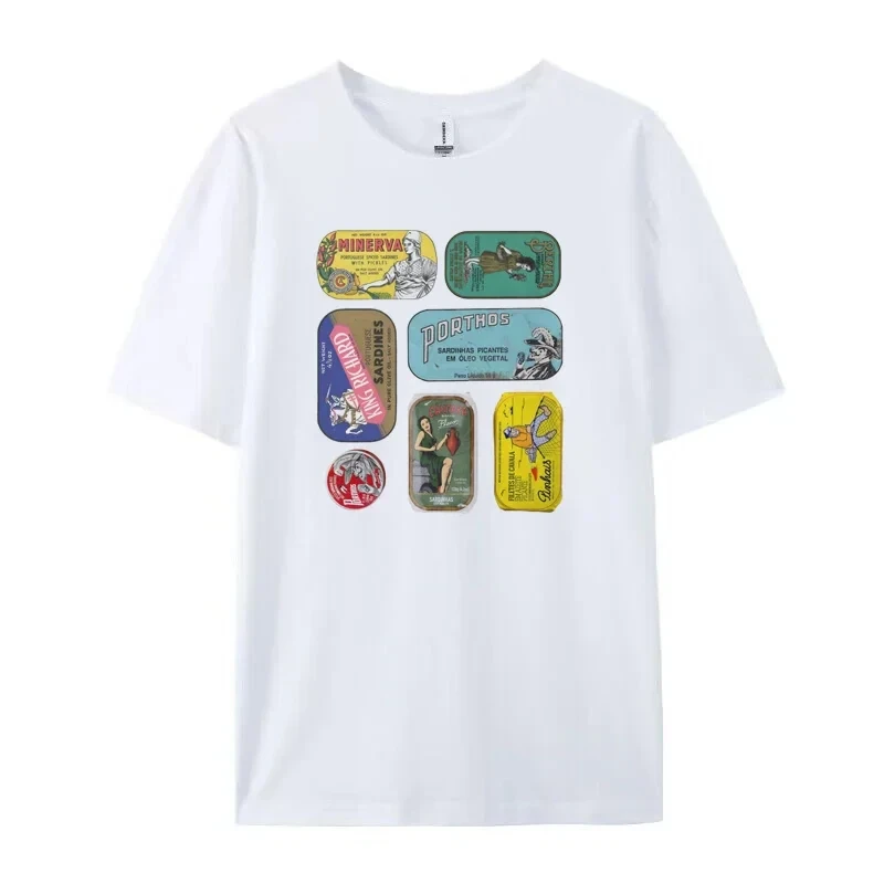 Fun Aesthetic Gourmet T-shirt Women's Vintage Canned Sardines Cute Seafood Graphic T-Shirt Unisex Summer Loose Retro Top