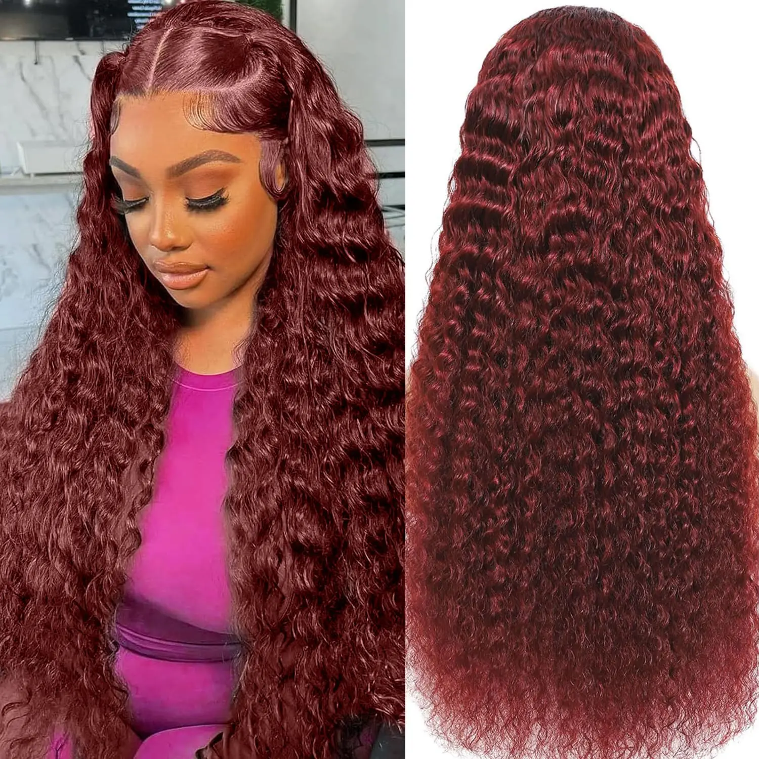 Wear And Go Reddish Brown Water Wave 13x4 Full Lace Front Human Hair Wig Glueless Curly Wigs 180% Density 28inch for Women