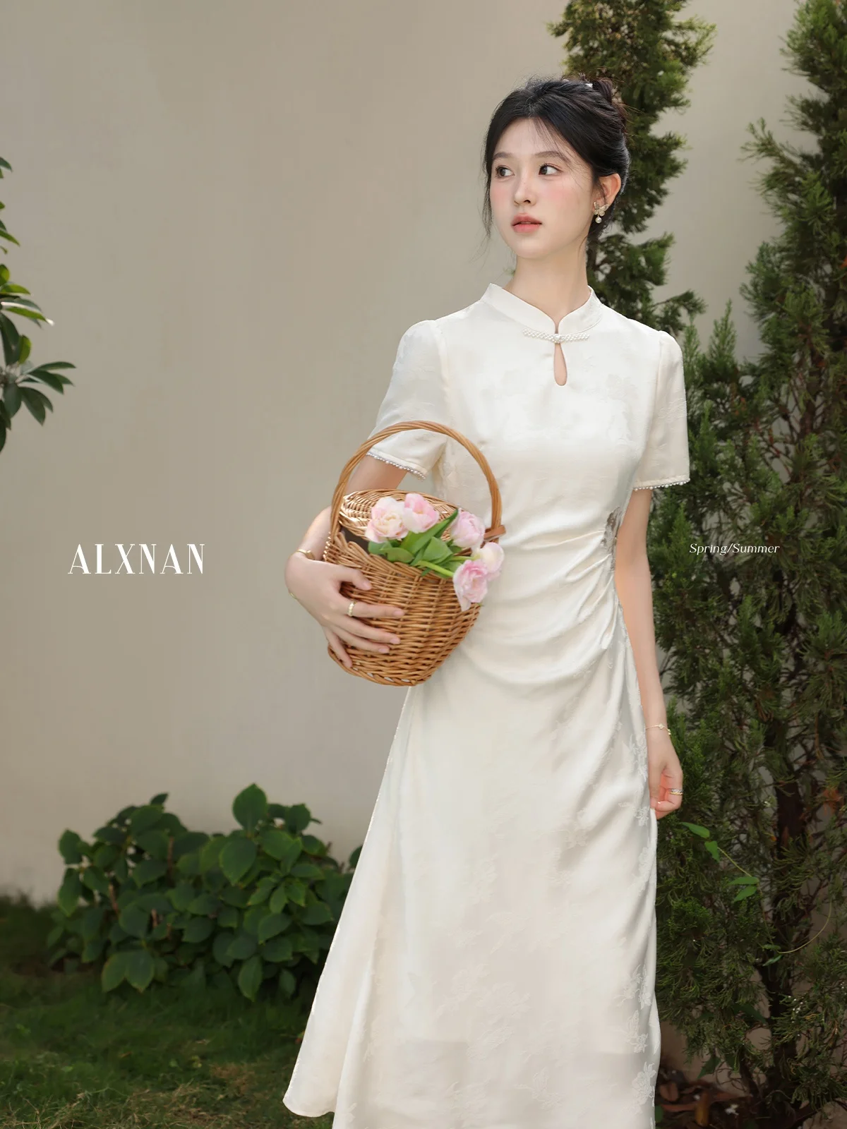 Nouveau chinois Sle Midi Dr Yellowi Beige femmes Dr été nouveauté Ele a-ligne jupe motif Floral rond Ne