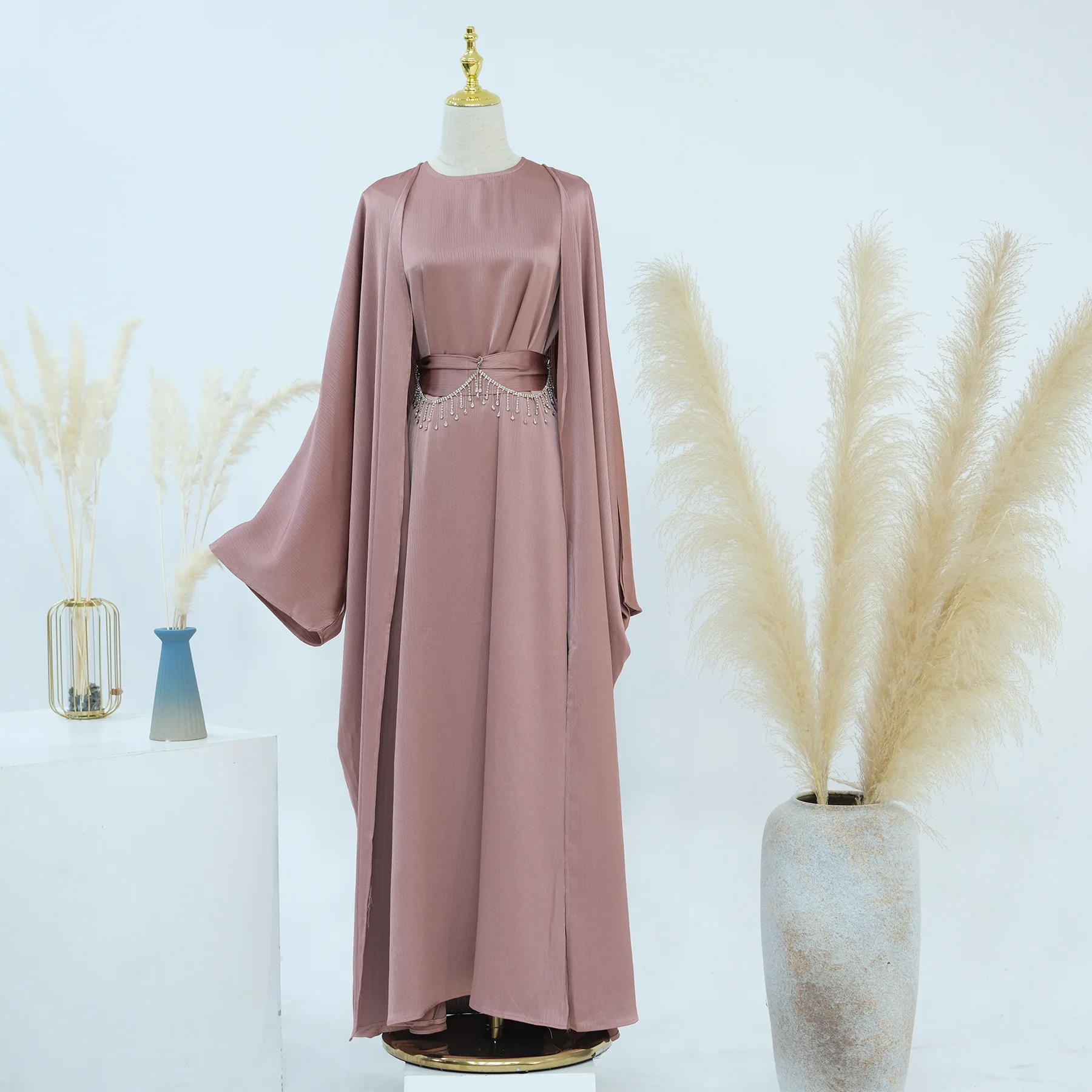 Dwuczęściowy zestaw Abaya Diamond Chain Belt Kimono Sleeveless Under Dress Eid Ramadan Muslim Women Islam Clothing Turkey Kaftan Robe