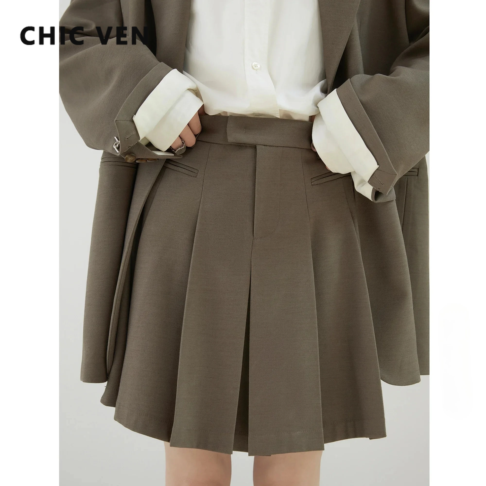 CHIC VEN 여성용 블레이저, 루즈한 싱글 단추 재킷, 하이웨이스트 플리츠 스커트, 여성 의류 세트, 용수철 가을, 2024